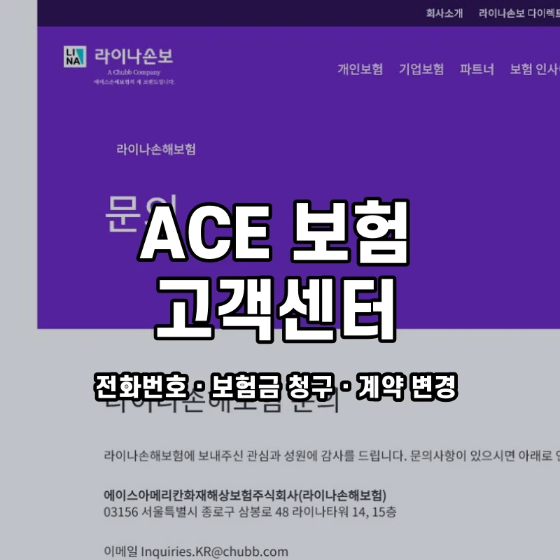 ACE 보험 고객센터 공식 홈페이지 화면