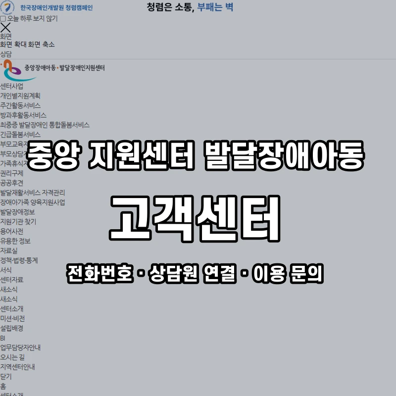 중앙 지원센터 발달장애아동 고객센터 공식 홈페이지 화면