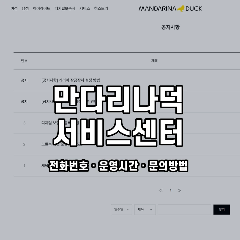 만다리나덕 서비스센터 공식 홈페이지 화면