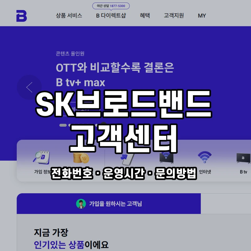 SK브로드밴드 고객센터 공식 홈페이지 화면